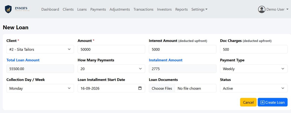 The New Loan screen with amount 50,000, interest 5,000 and doc charges 500 entered, and the total loan amount 55,500 and instalment 2,775 filled in automatically.