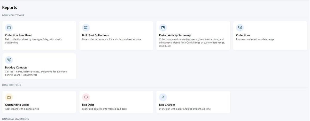The Reports screen listing Collection Run Sheet, Bulk Post Collections, Period Activity Summary, Collections, Backlog Contacts, Outstanding Loans, Bad Debt and Doc Charges.